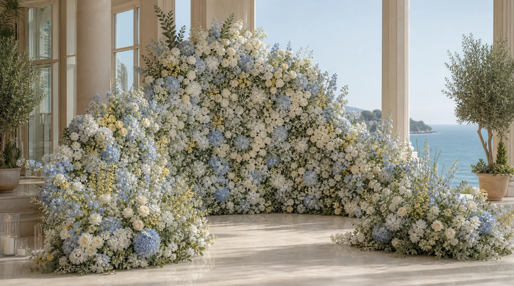 Coastal blue scalloped artificial flower wall
