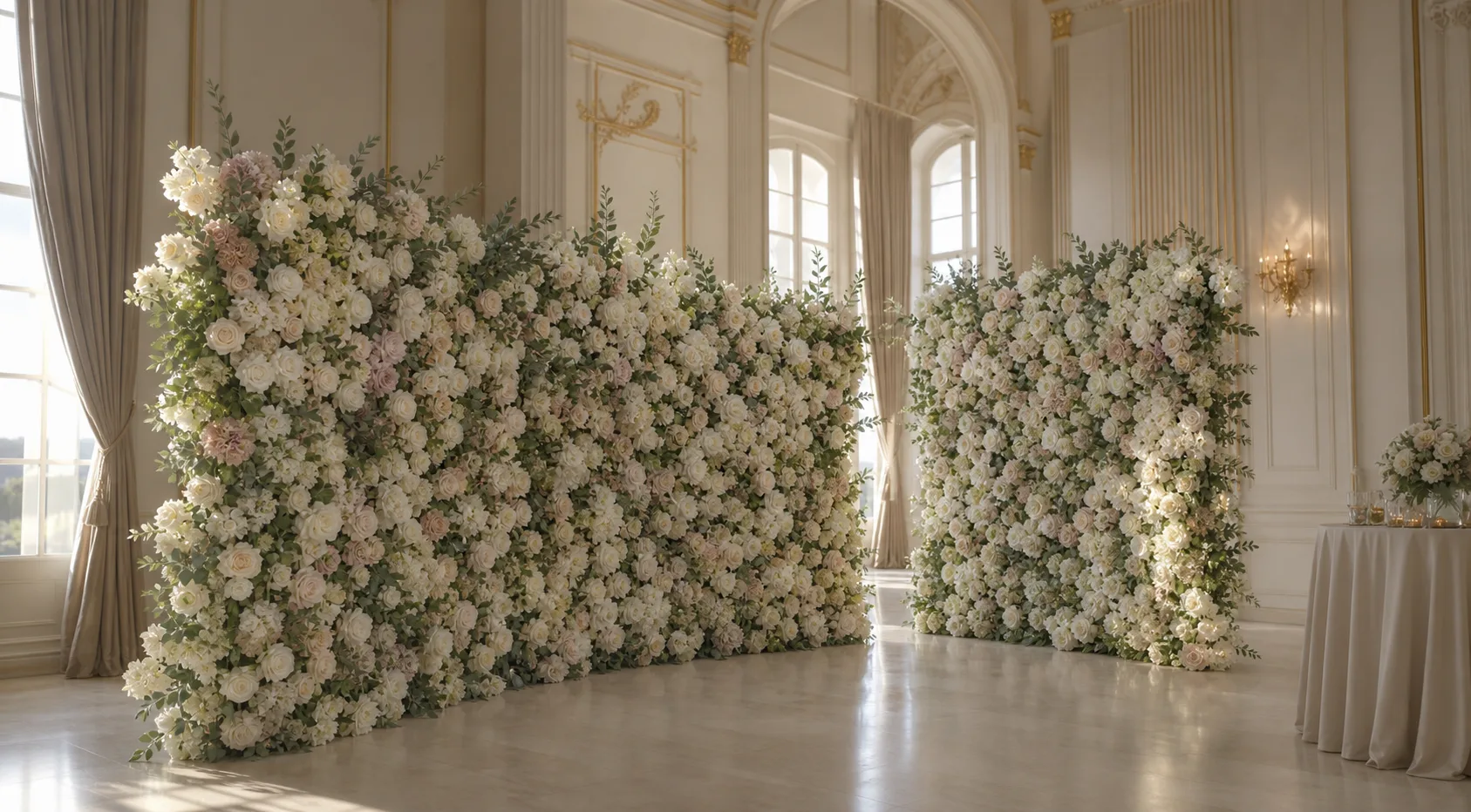Curved crescent artificial flower wall installation for luxury event backdrop
