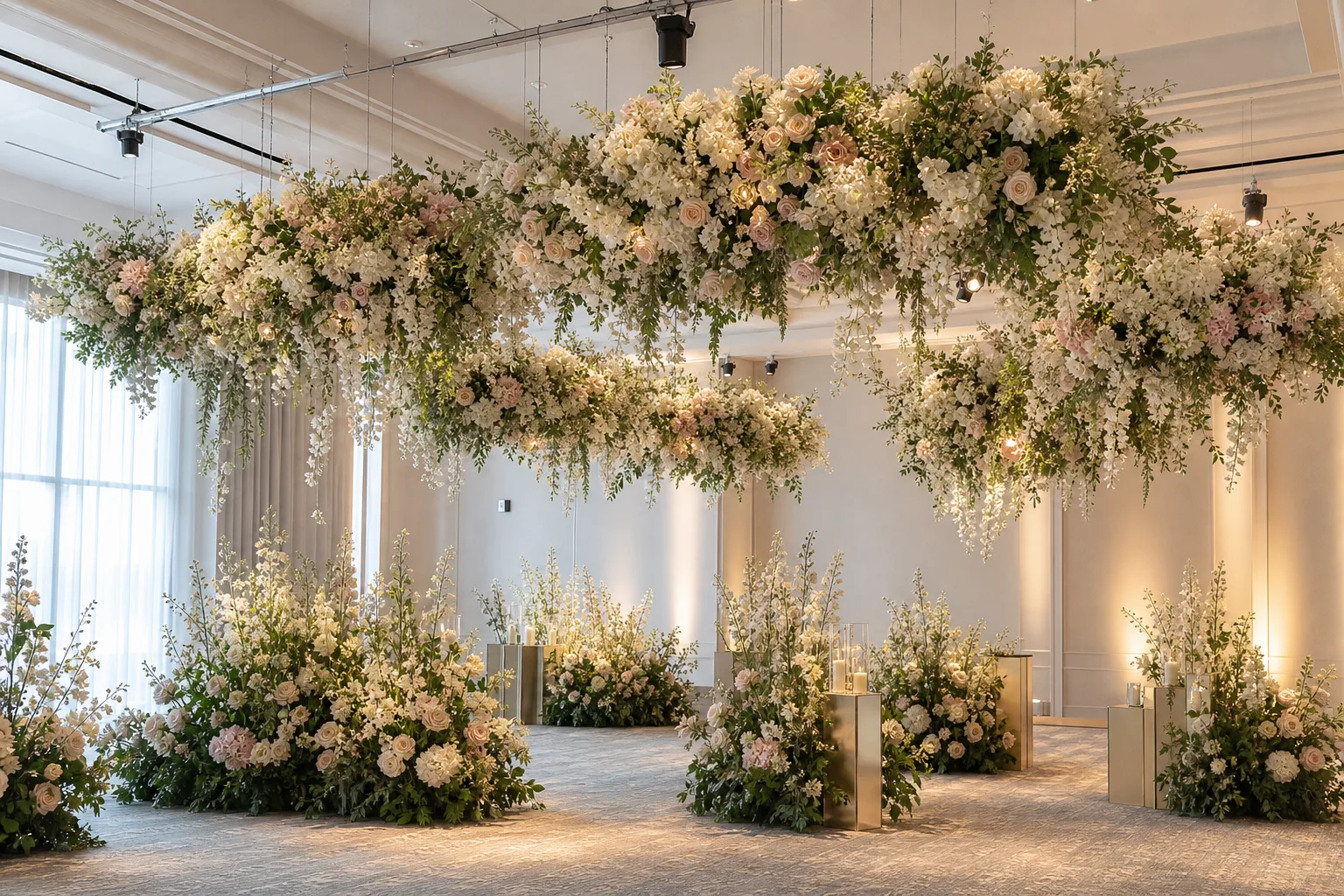 Hanging floral ceiling canopy installation